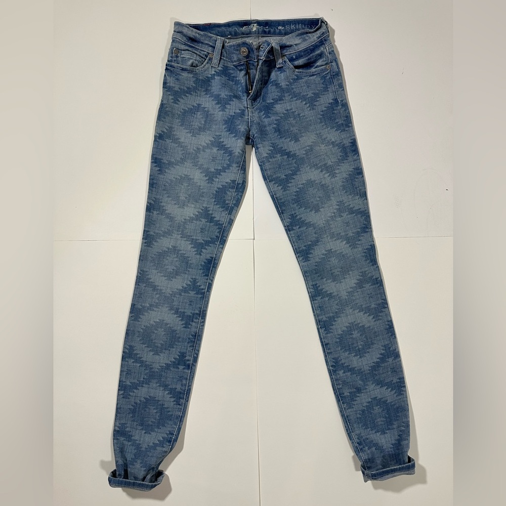 7 For All Mankind The Skinny Jeans Women's Abstract Blue Mid Rise Denim, Size 25